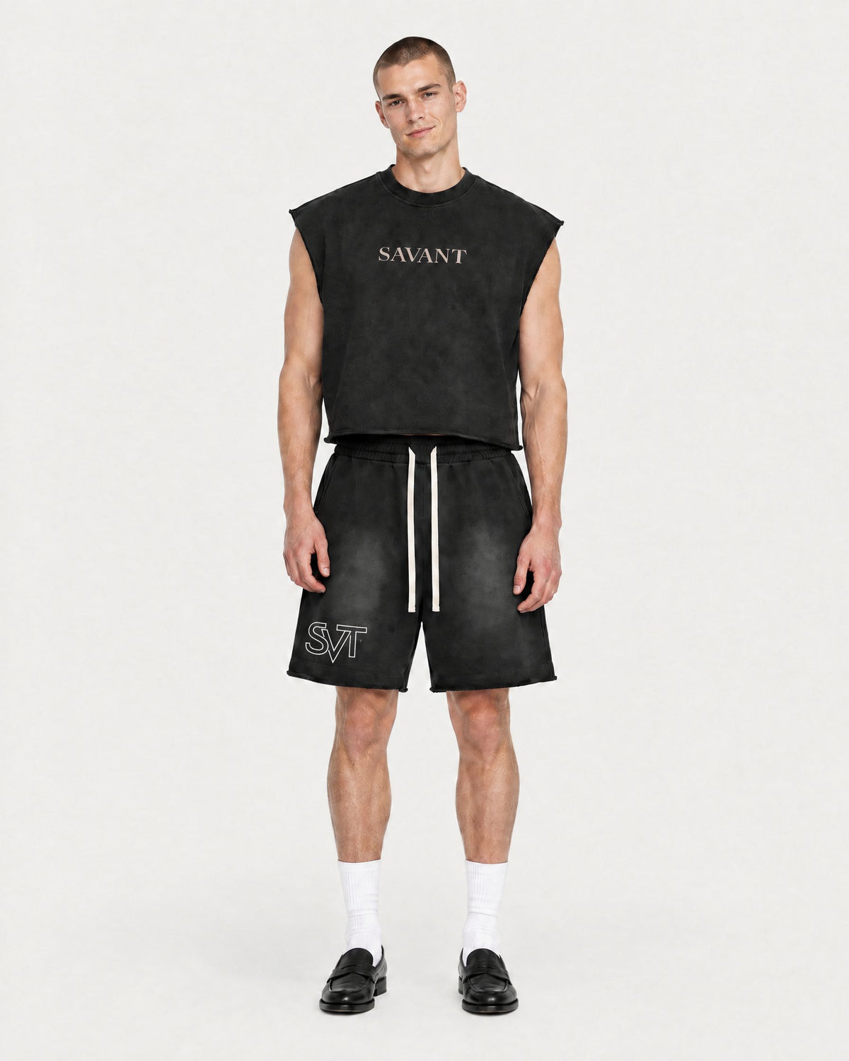 Sunfade Sweat Short in Black, on model front