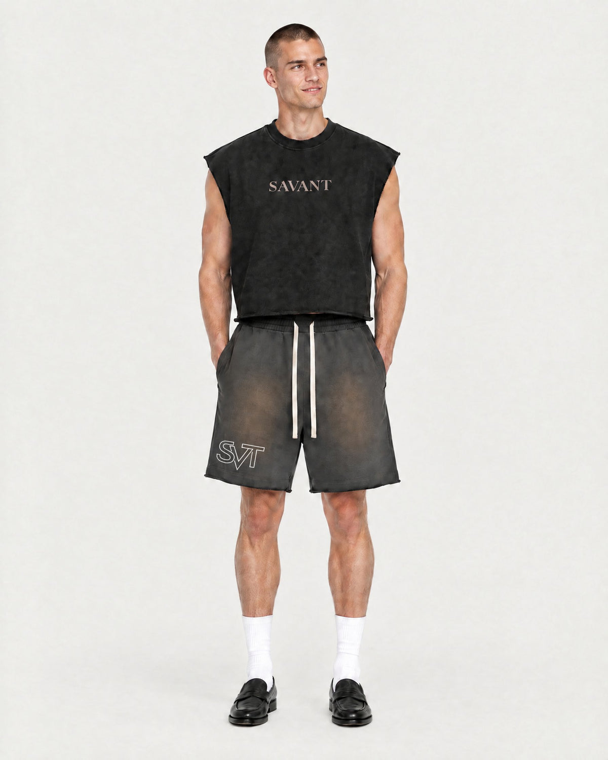 Sunfade Sweat Short in Dark Gray, on model front