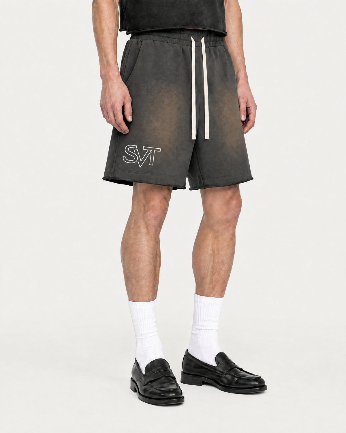 Sunfade Sweat Short in Dark Gray, on model detail