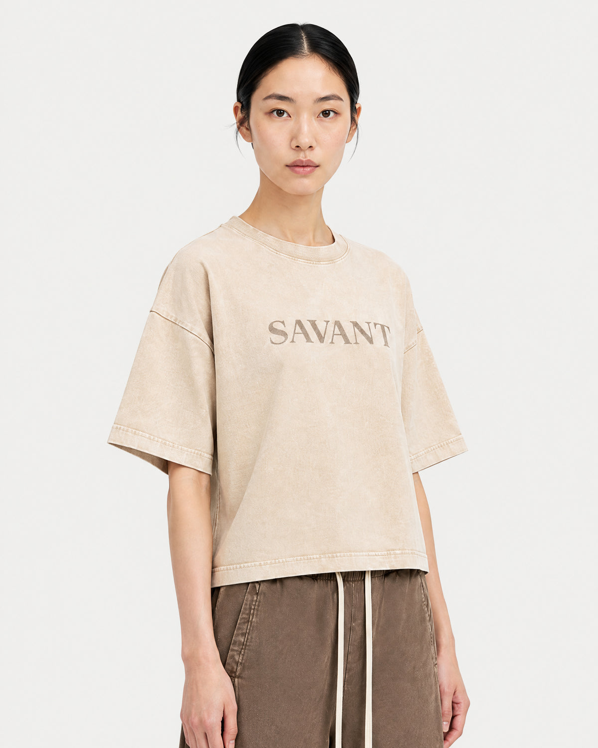 Mineral Tee in Light Apricot, on model detail