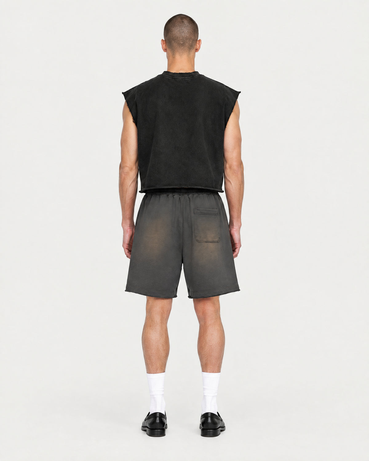 Sunfade Sweat Short in Dark Gray, on model back
