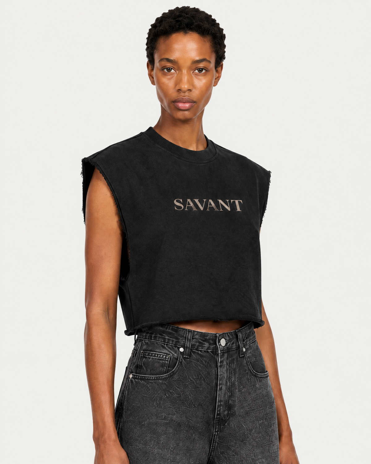 Boxy Sleeveless in Black, on model detail