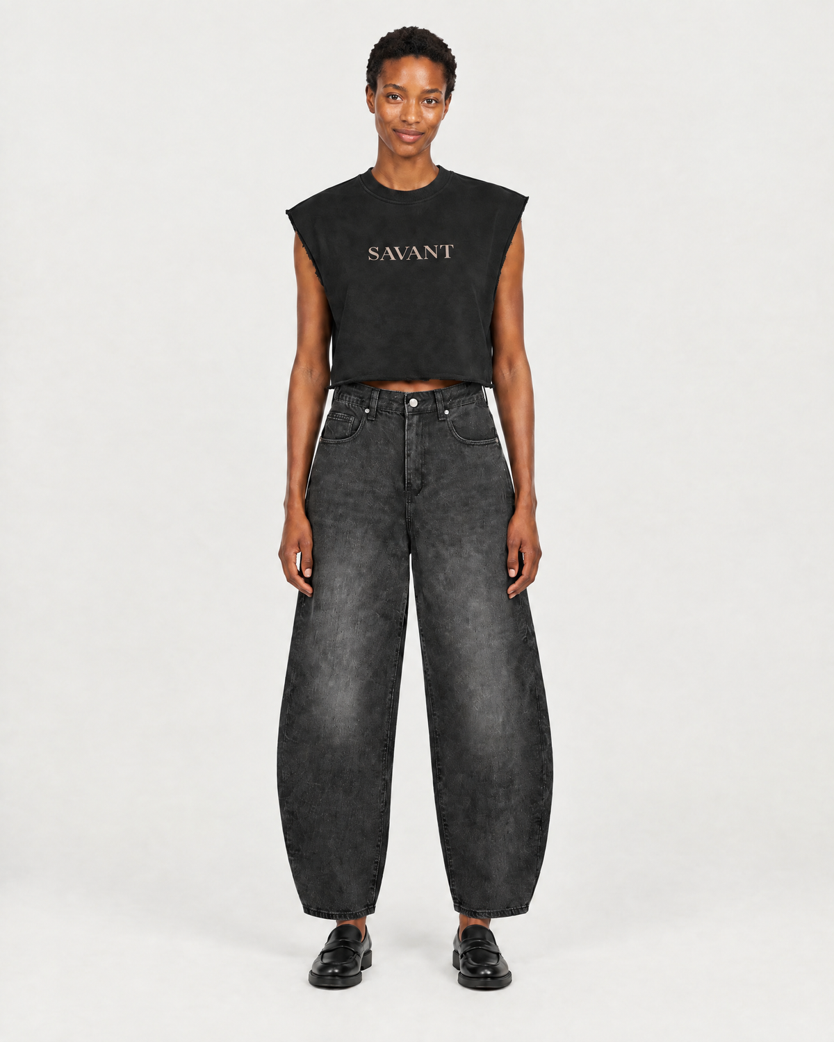 Boxy Sleeveless in Black, on model front