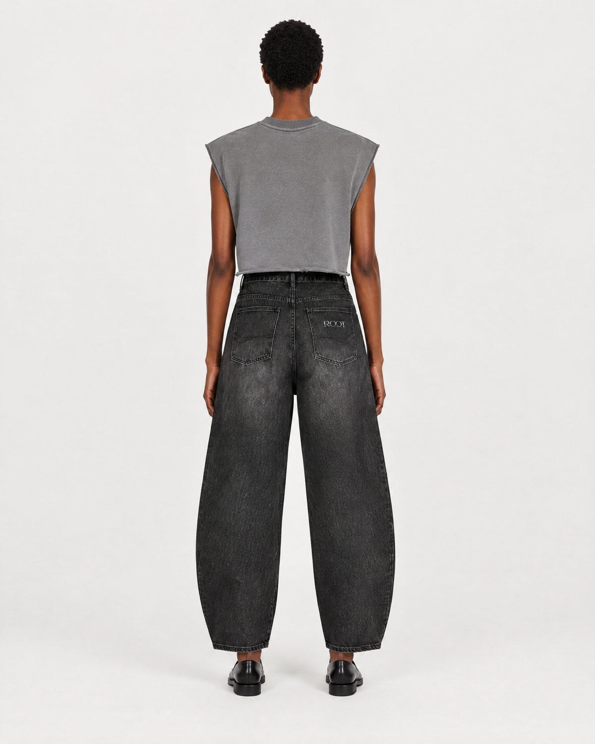 Boxy Sleeveless in Gray, on model back