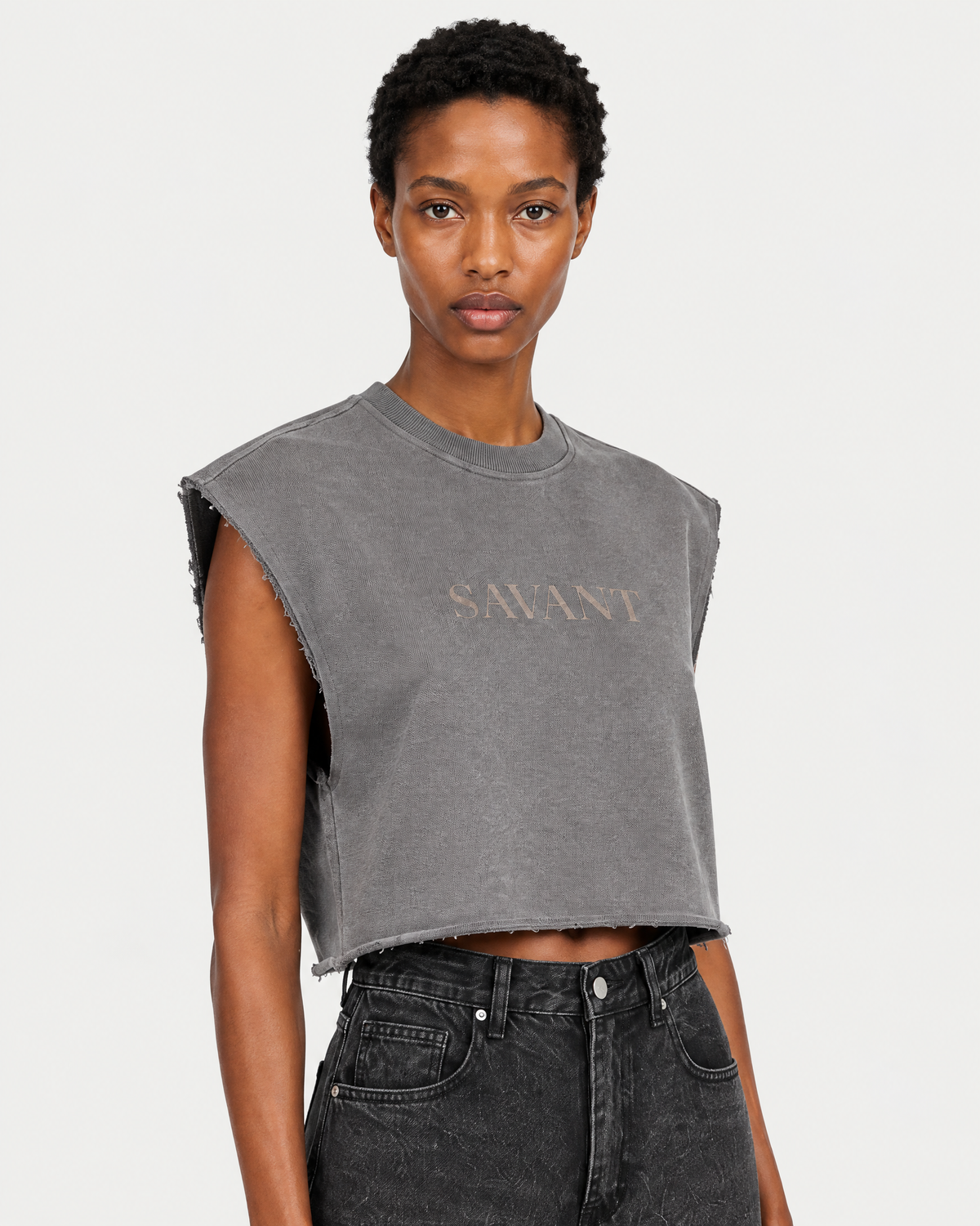 Boxy Sleeveless in Gray, on model detail