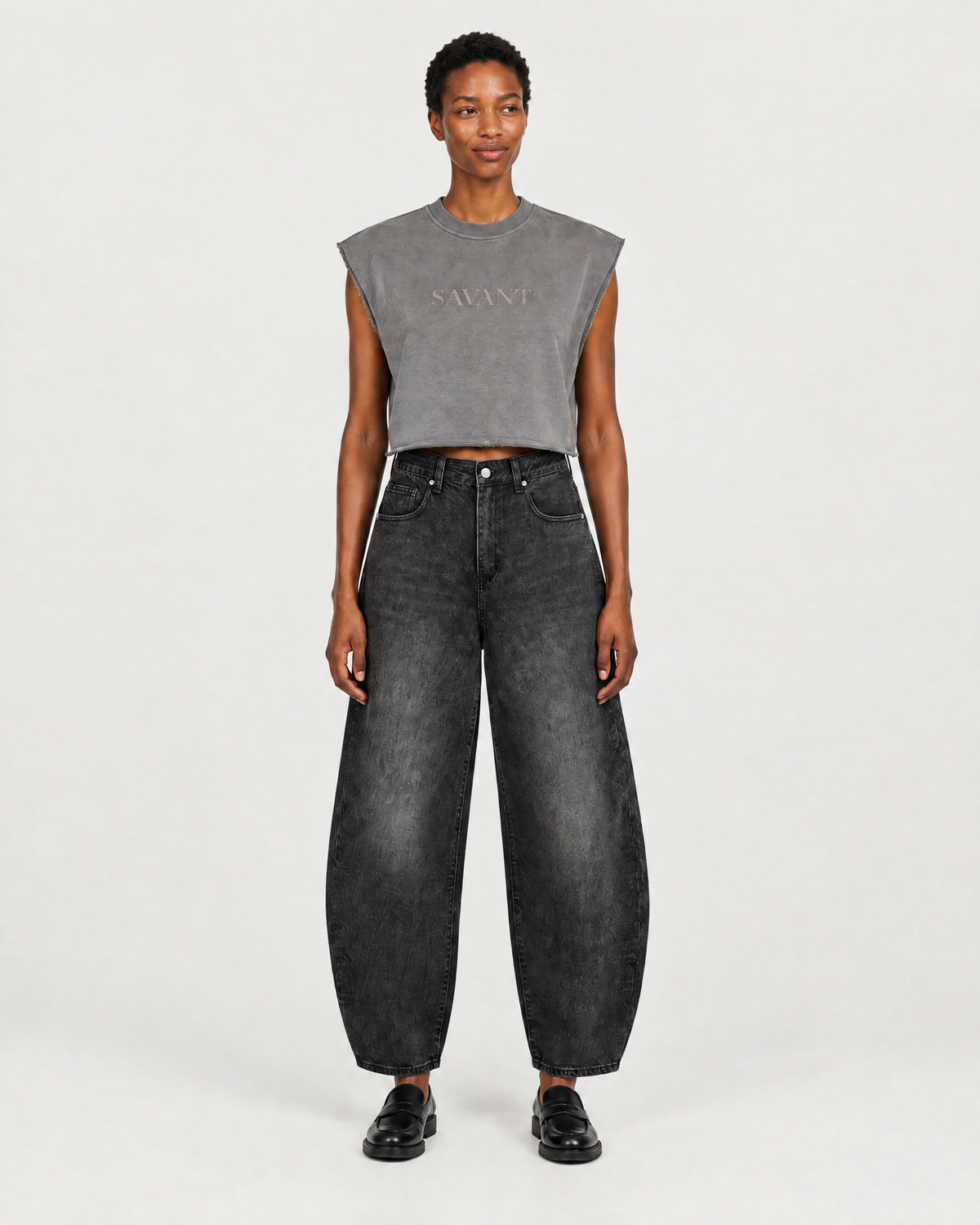 Boxy Sleeveless in Gray, on model front