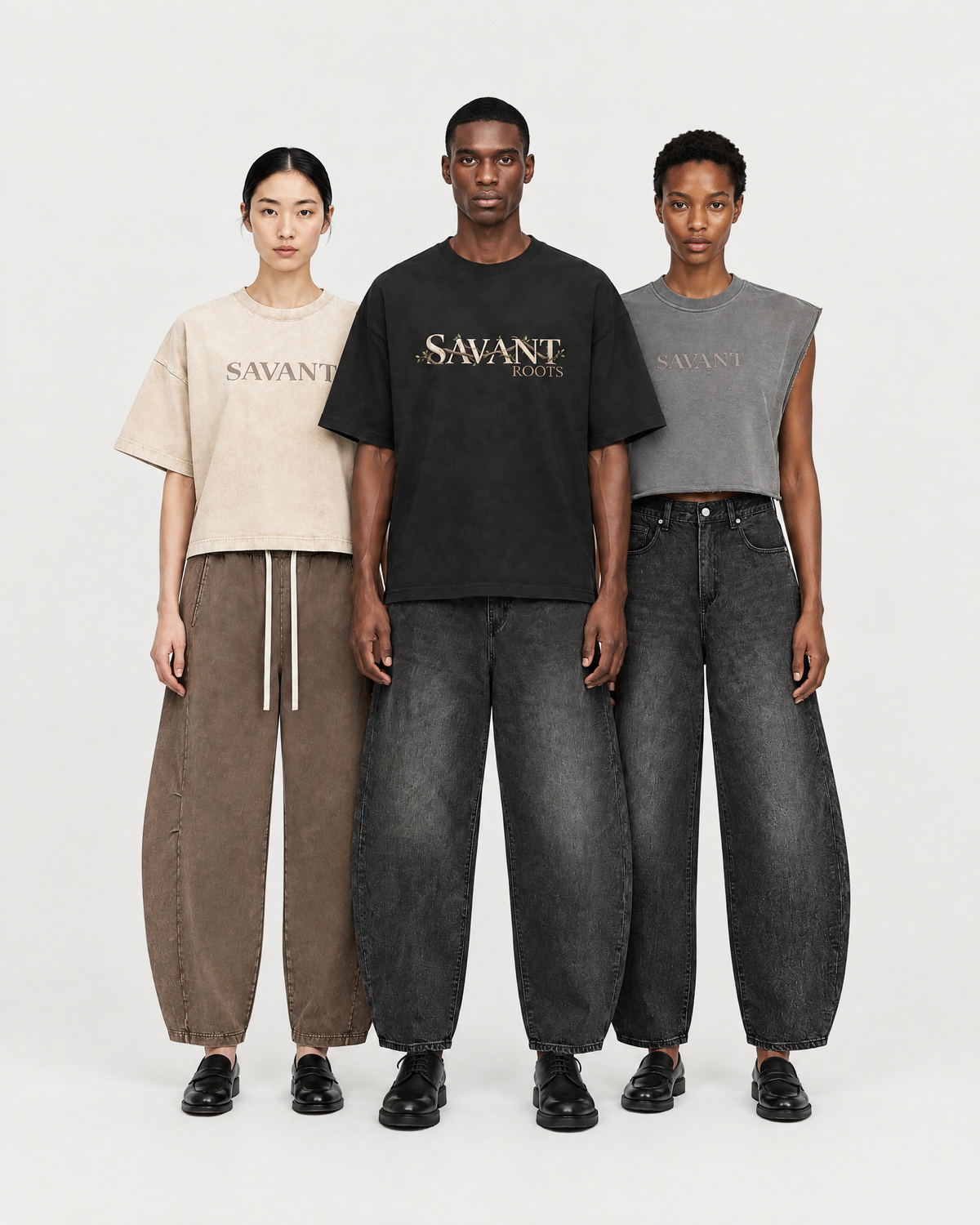 Three models wearing Savant Collection 01