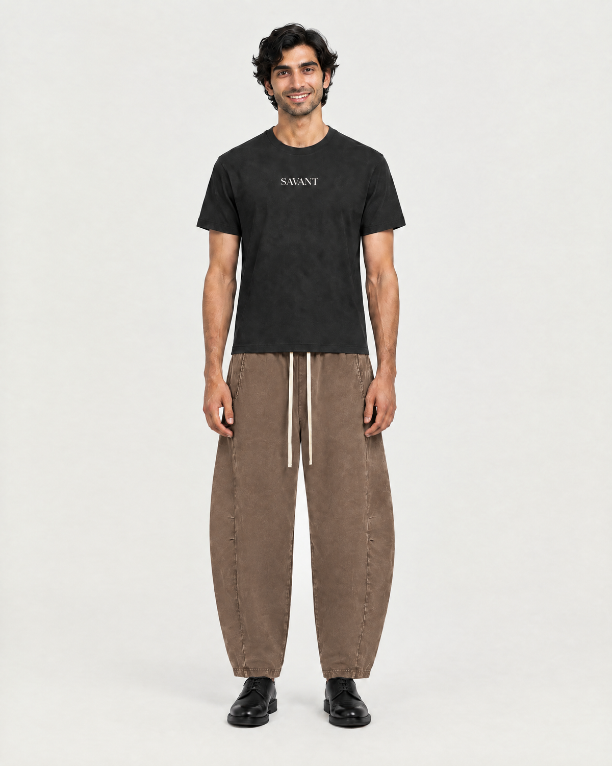 Mineral Barrel Pant in Coffee, on model front, worn by a man