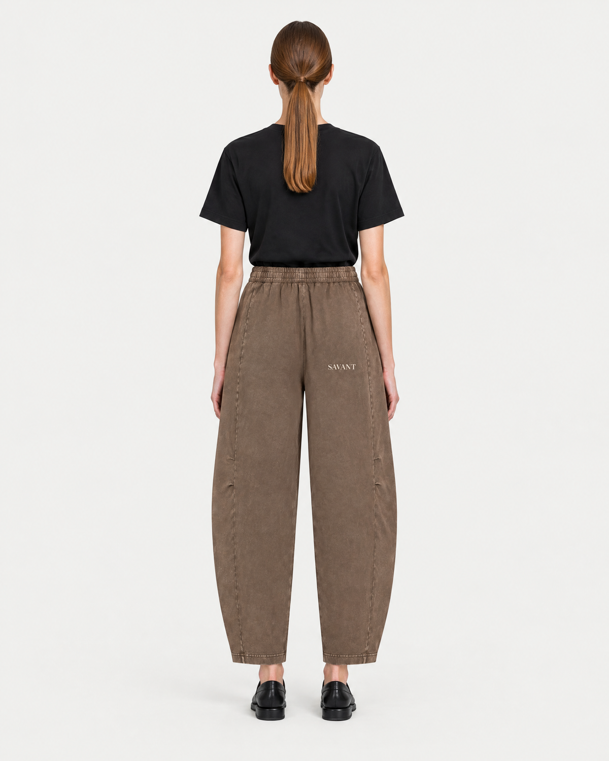Mineral Barrel Pant in Coffee, on model back
