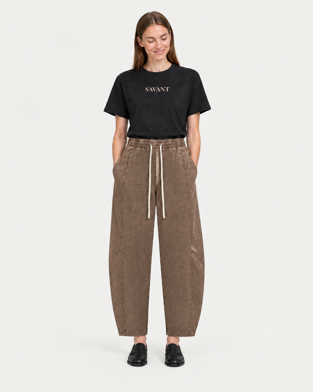 Mineral Barrel Pant in Coffee, on model front
