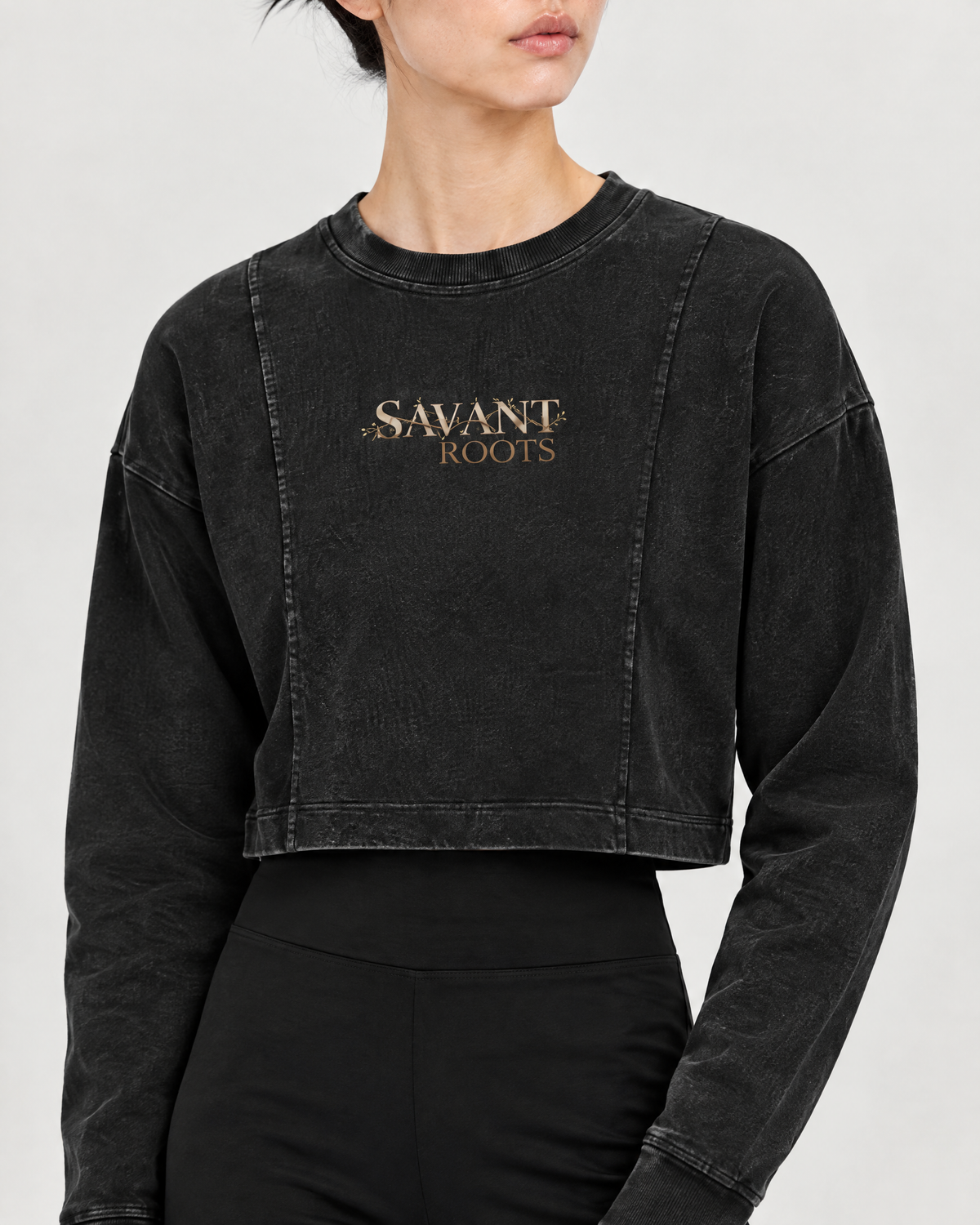 Mineral Crop Sweatshirt in Black, on model detail