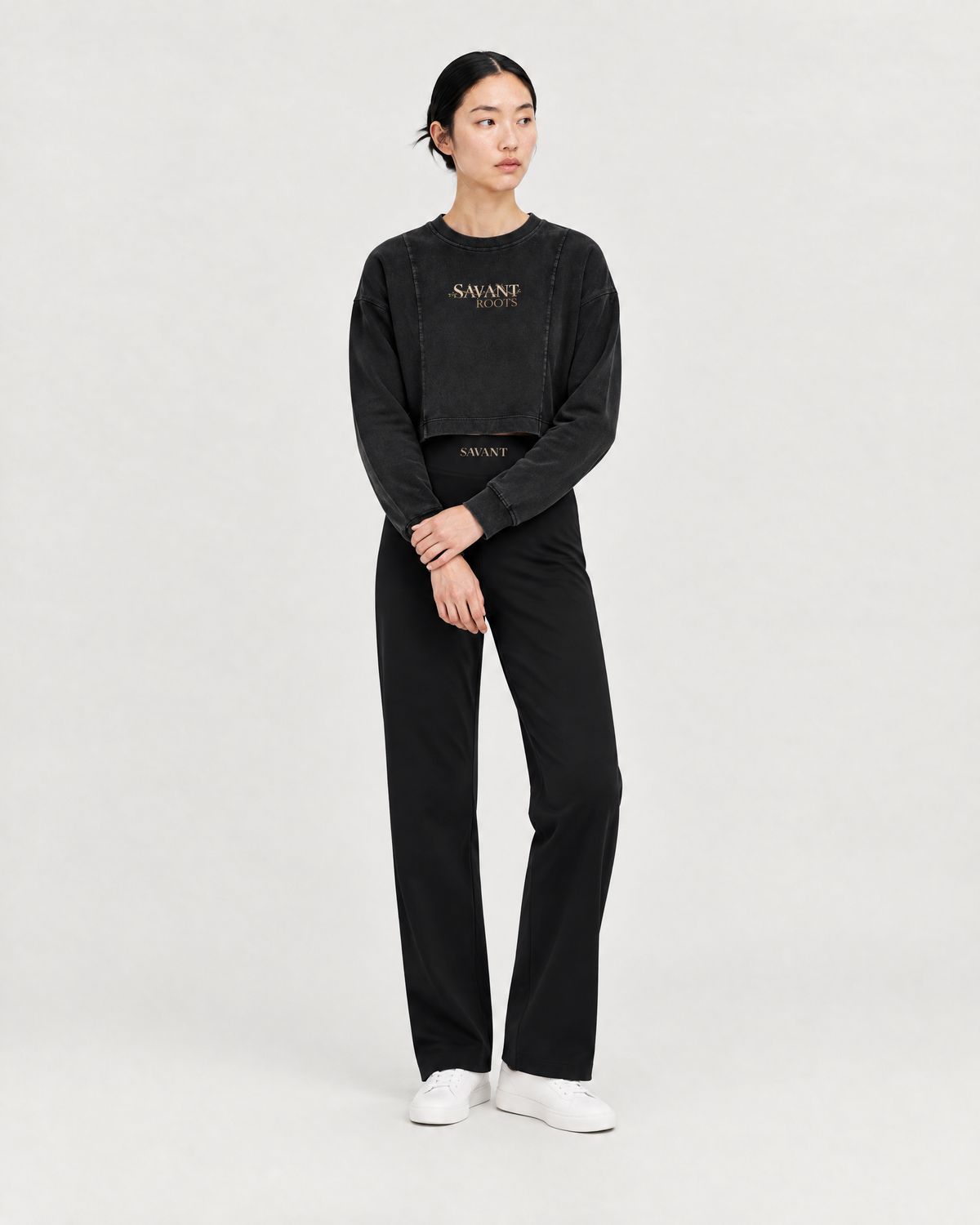 Mineral Crop Sweatshirt in Black, on model front