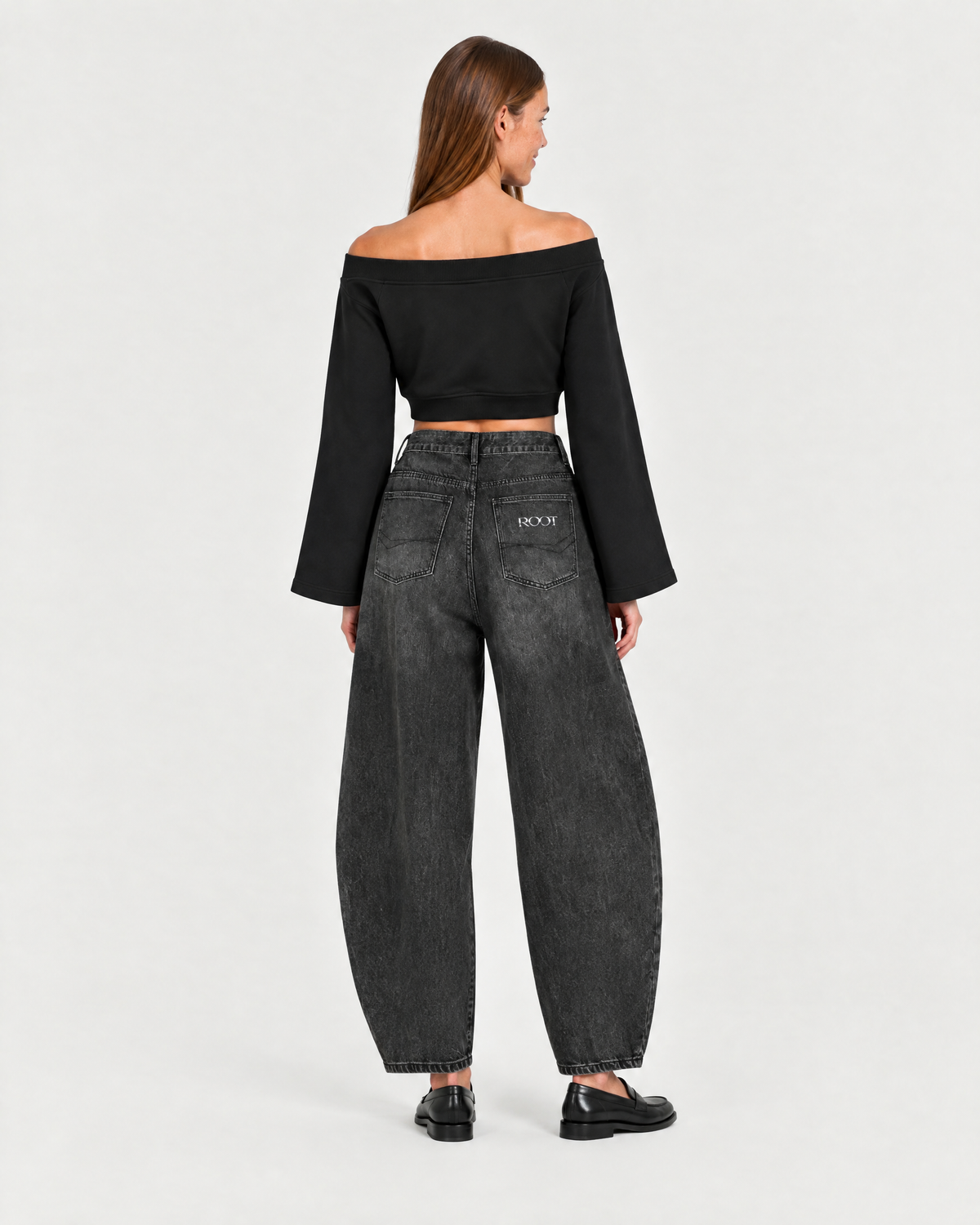 Off-Shoulder Sweatshirt in Black, on model back