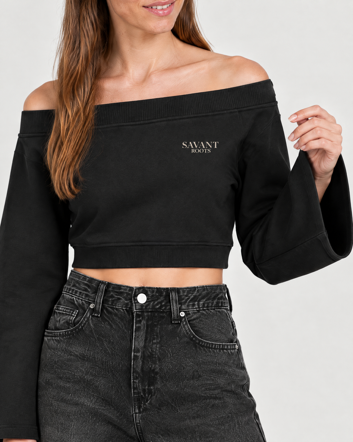 Off-Shoulder Sweatshirt in Black, on model detail