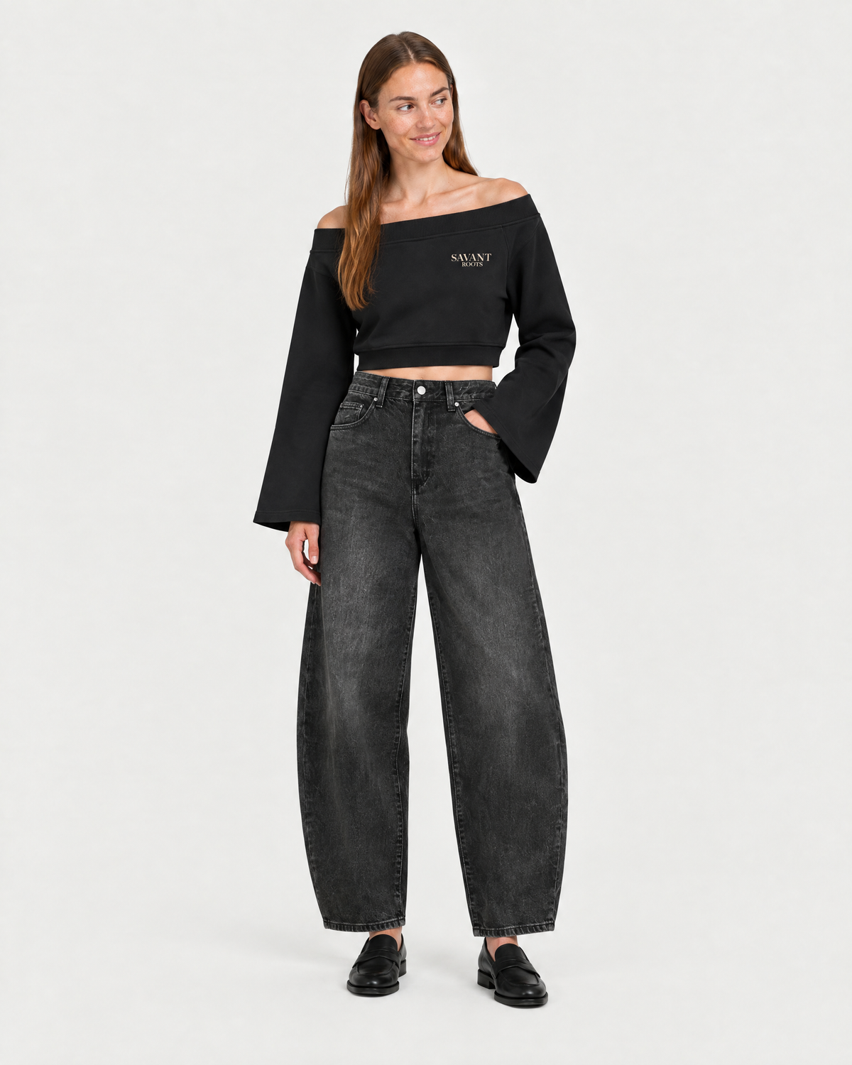 Off-Shoulder Sweatshirt in Black, on model front
