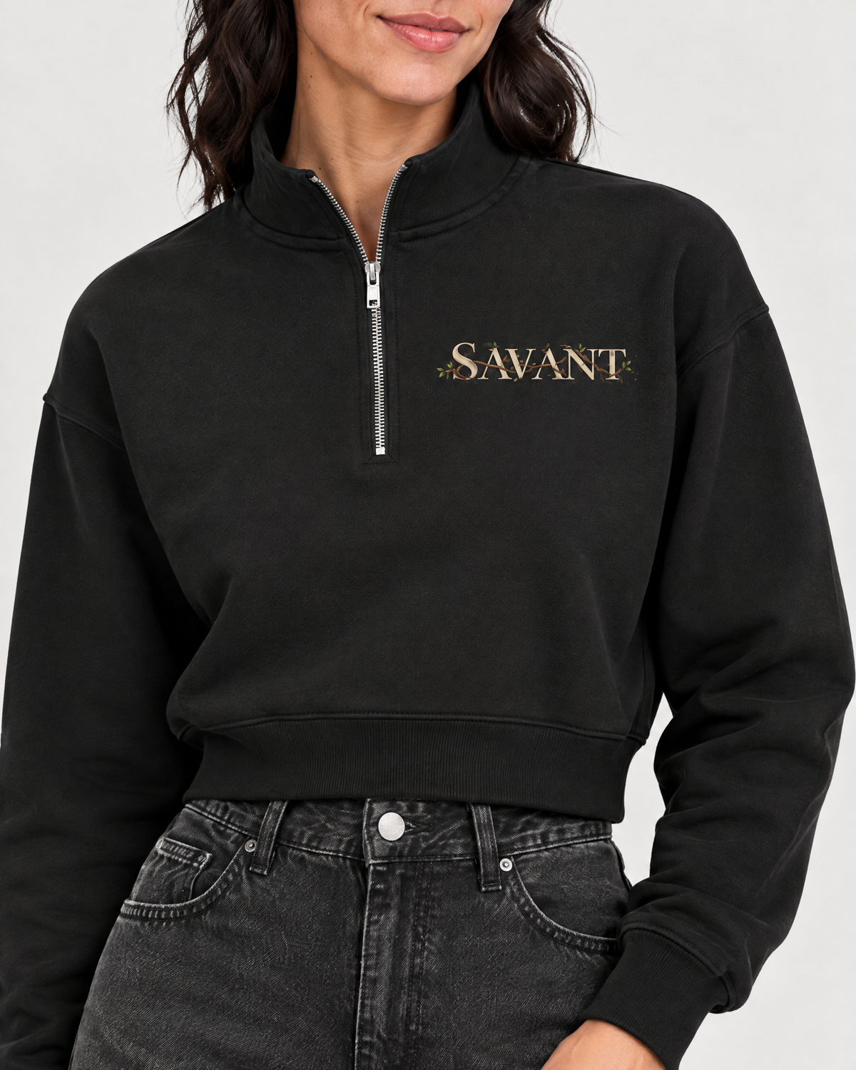 Roots Quarter Zip in Black, on model detail