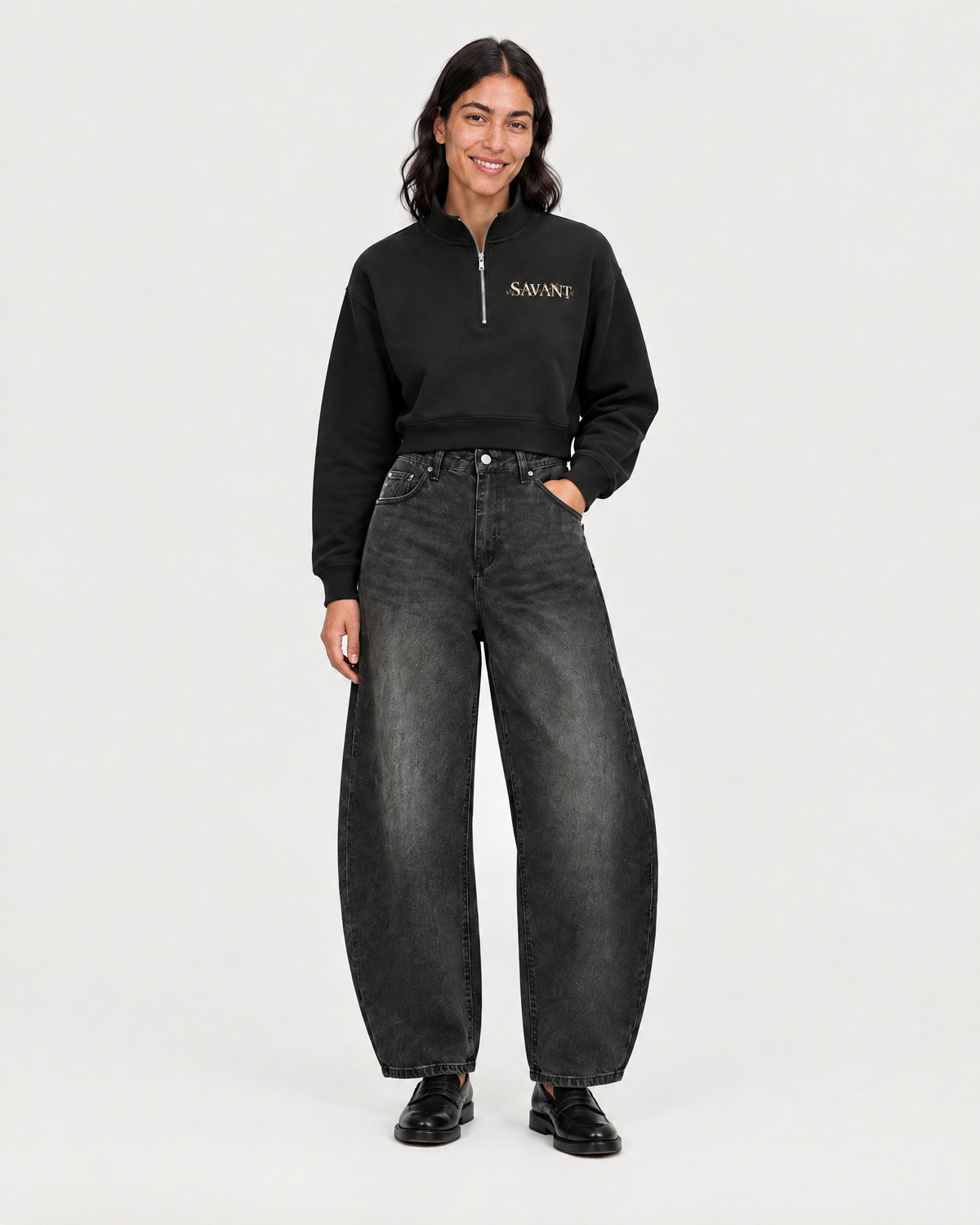 Roots Quarter Zip in Black, on model front