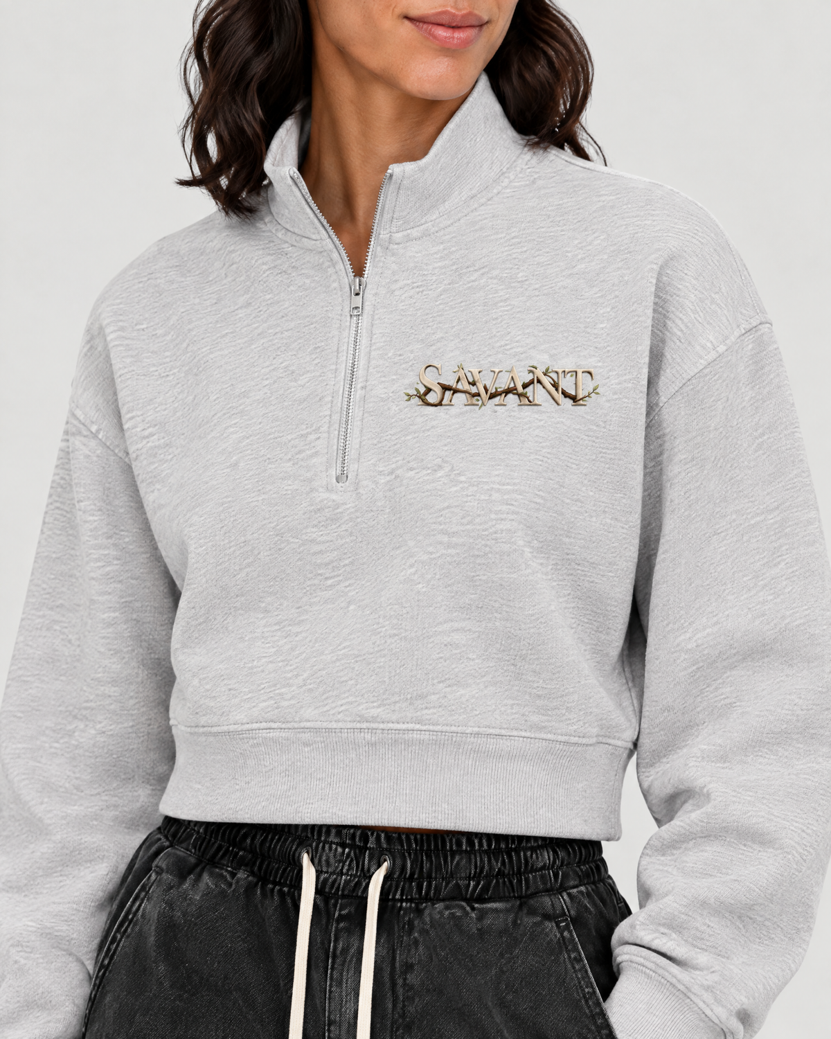 Roots Quarter Zip in Flower Gray, on model detail