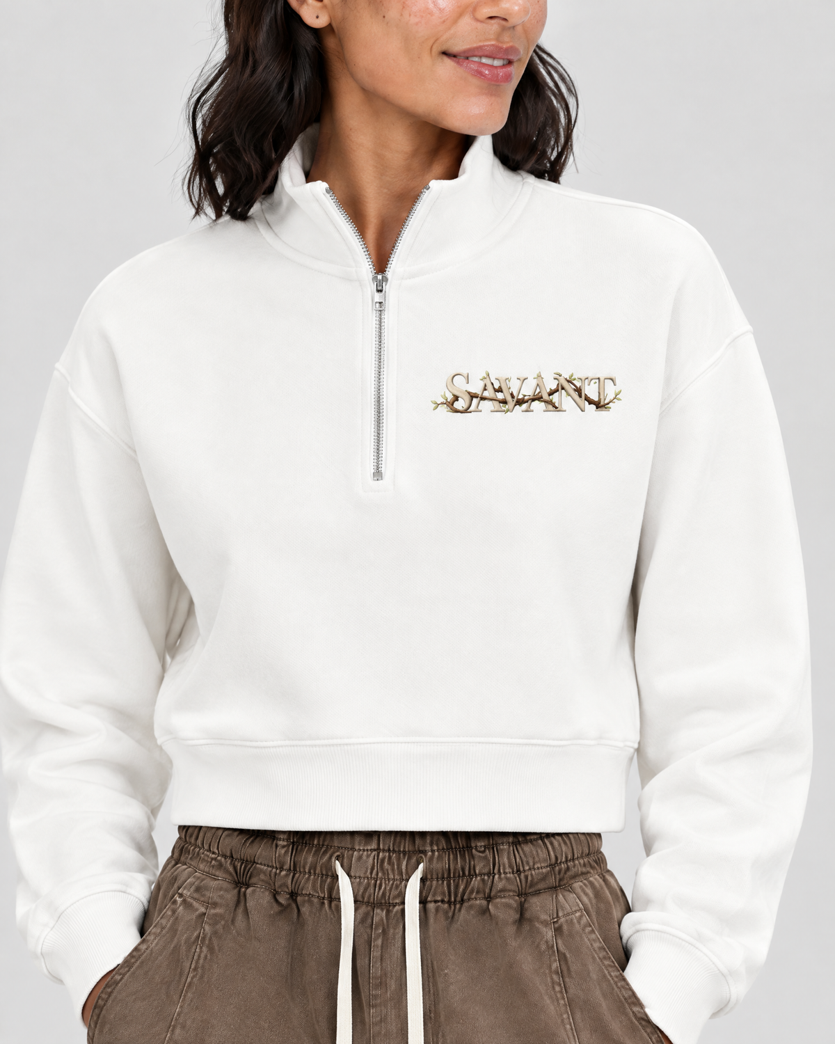 Roots Quarter Zip in White, on model detail