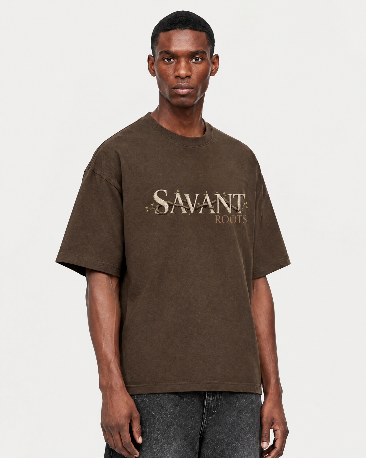 Roots Tee in Coffee, on model detail