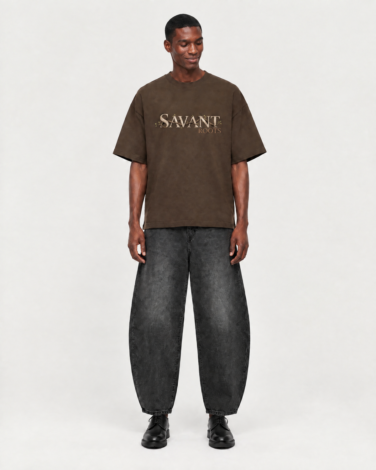 Roots Tee in Coffee, on model front