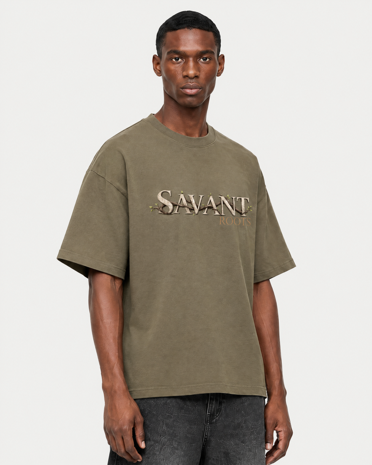 Roots Tee in Deep Khaki, on model detail