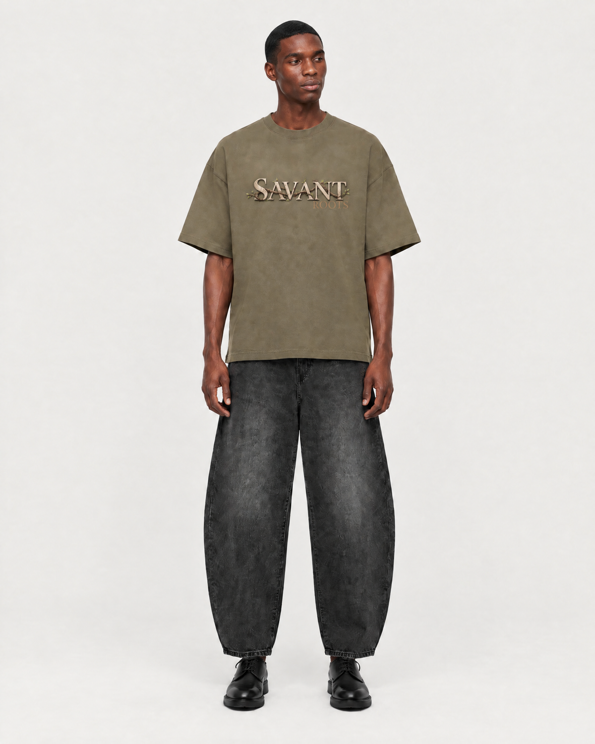 Roots Tee in Deep Khaki, on model front