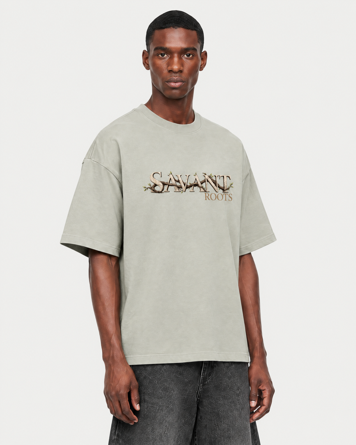 Roots Tee in Gray Green, on model detail