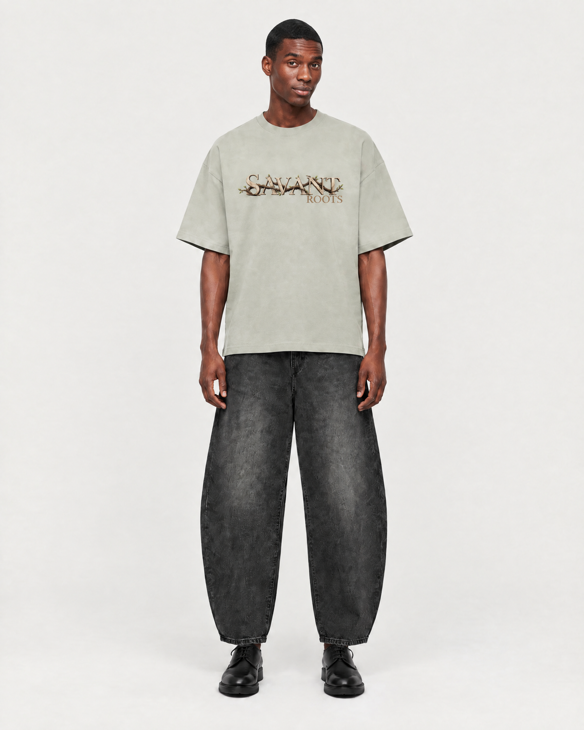 Roots Tee in Gray Green, on model front