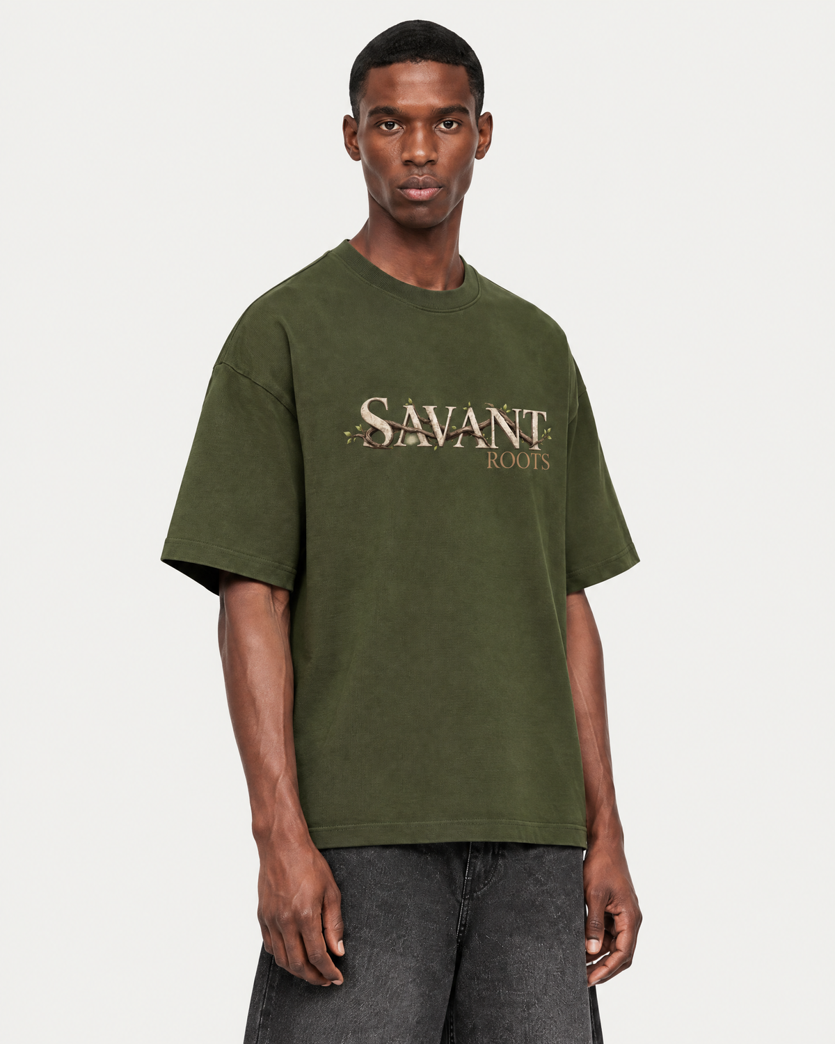 Roots Tee in Jungle Green, on model detail