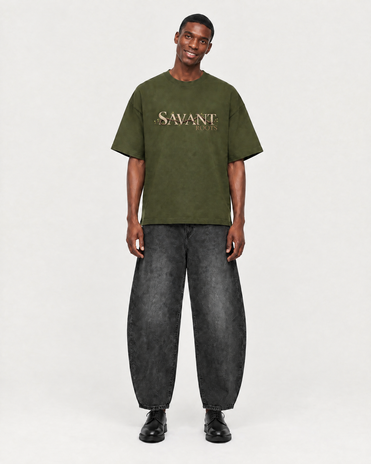 Roots Tee in Jungle Green, on model front
