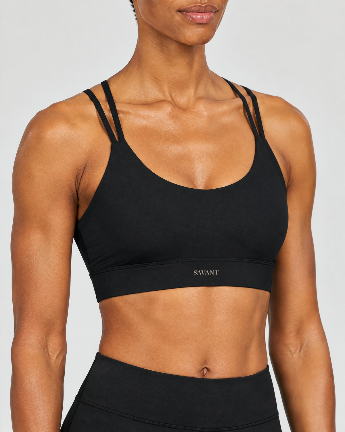 Studio Cross Bra in Black, on model detail