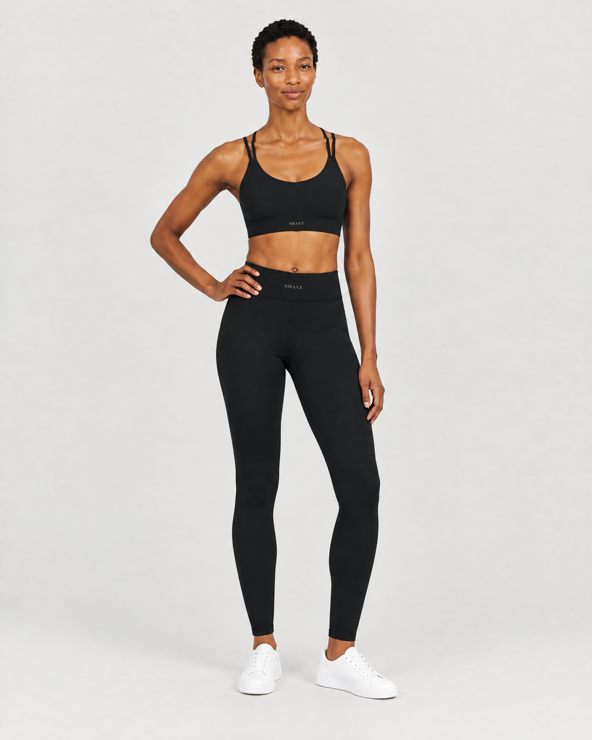 Studio Cross Bra in Black, on model front