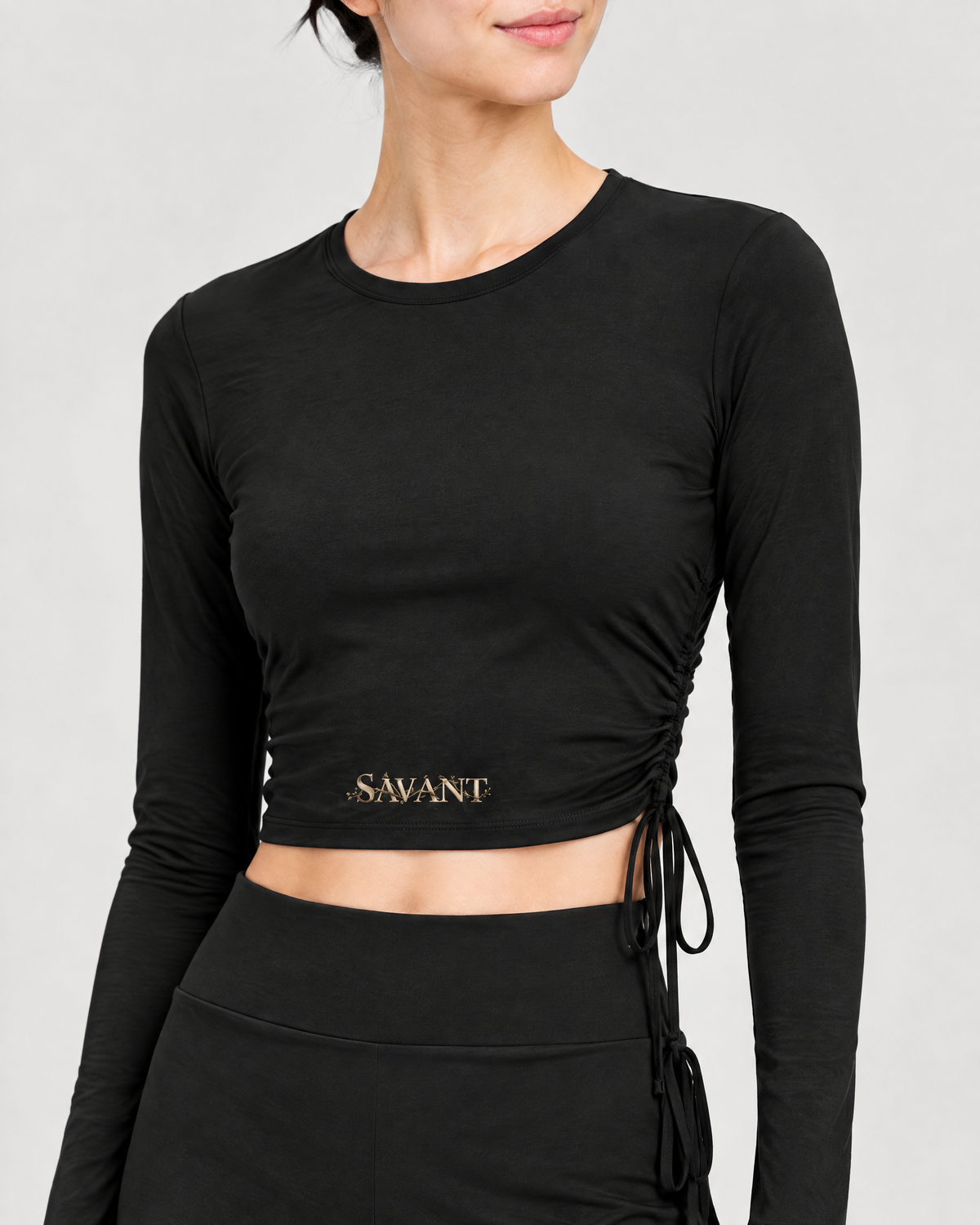Studio Tie Top in Black, on model detail