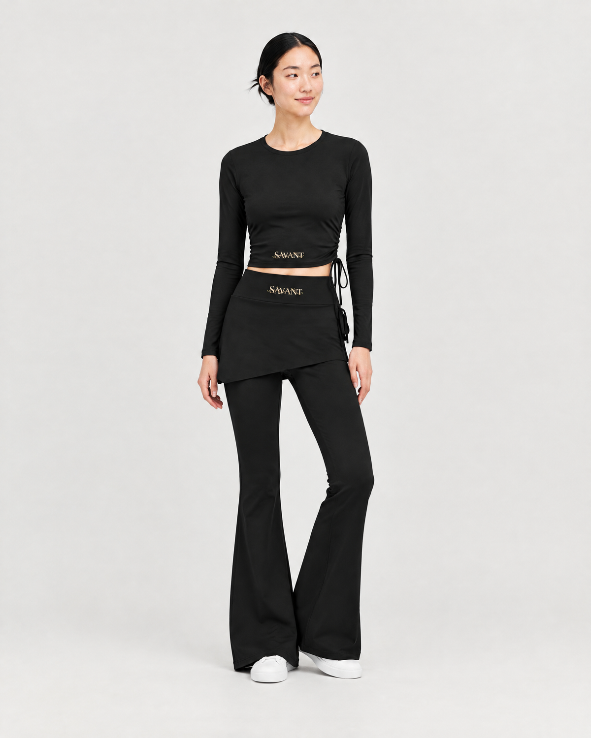 Studio Tie Top in Black, on model front