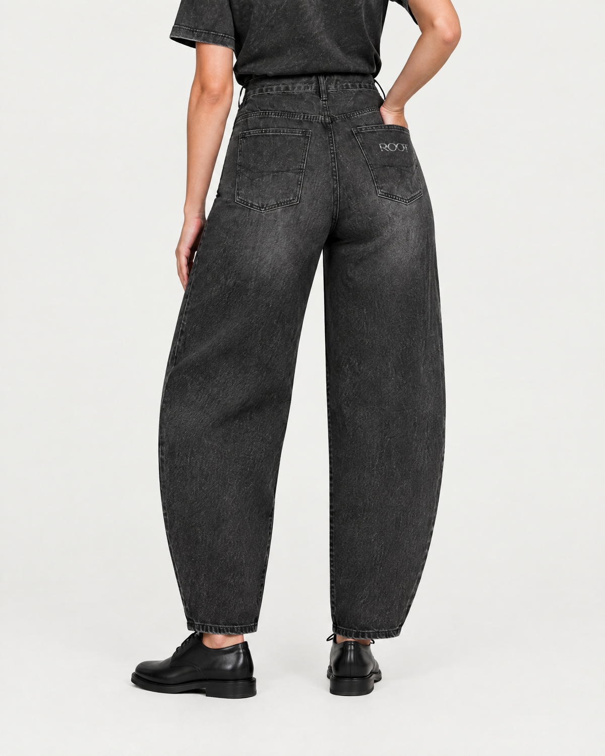 Sunfade Barrel Jean in Black, on model back fit