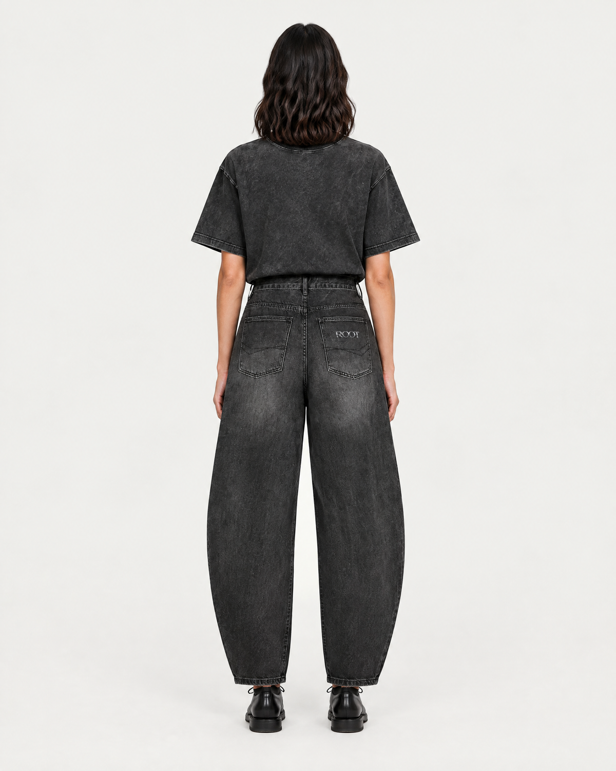 Sunfade Barrel Jean in Black, on model back