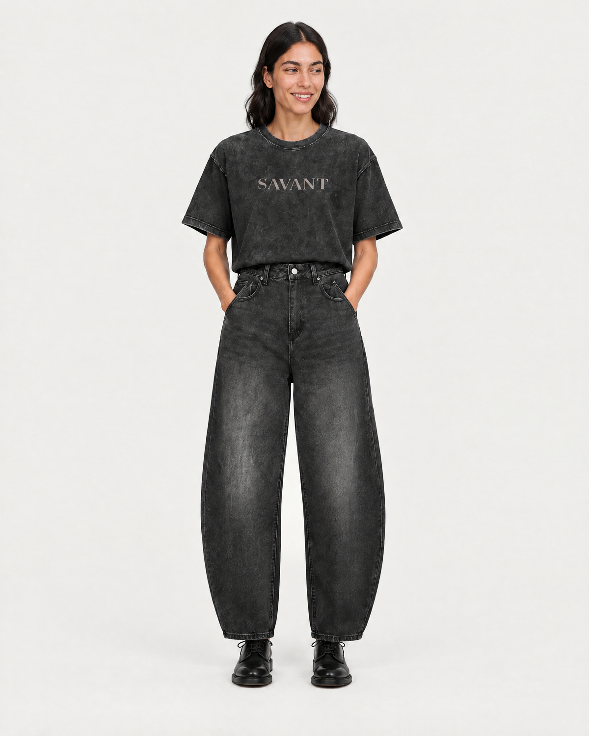 Sunfade Barrel Jean in Black, on model front