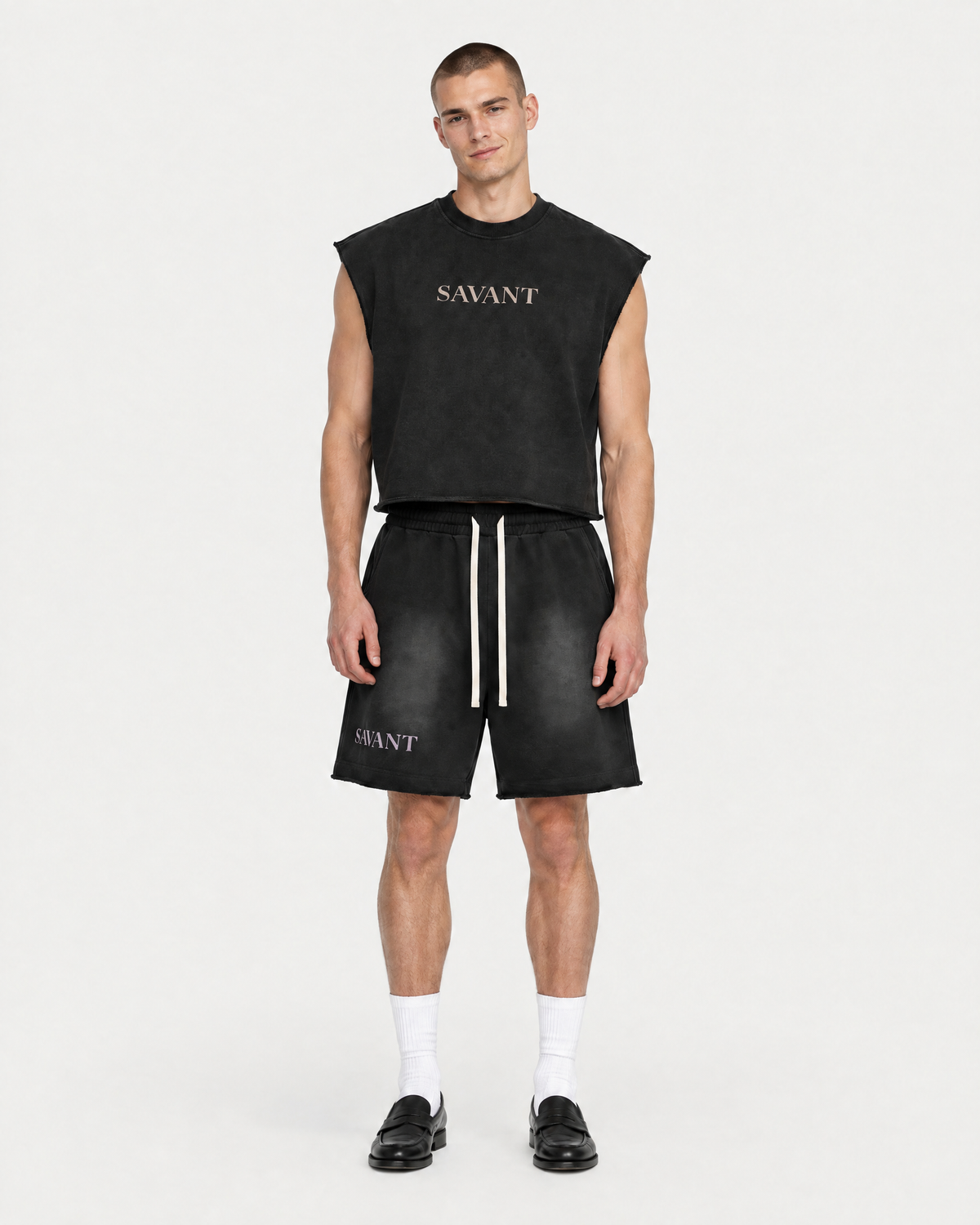 Sunfade Sweat Short in Black, on model front