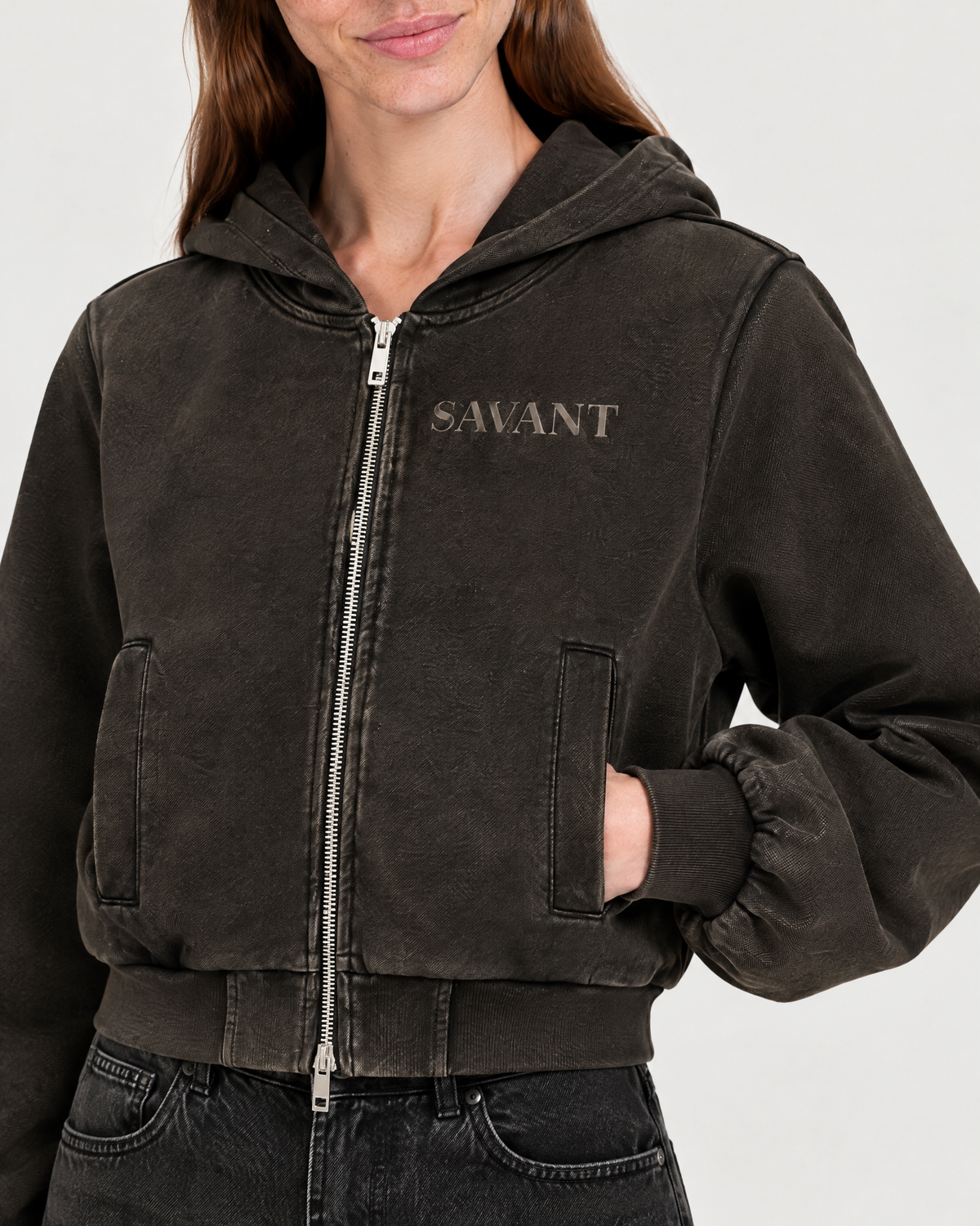 Washed Zip Hoodie in Black, on model detail