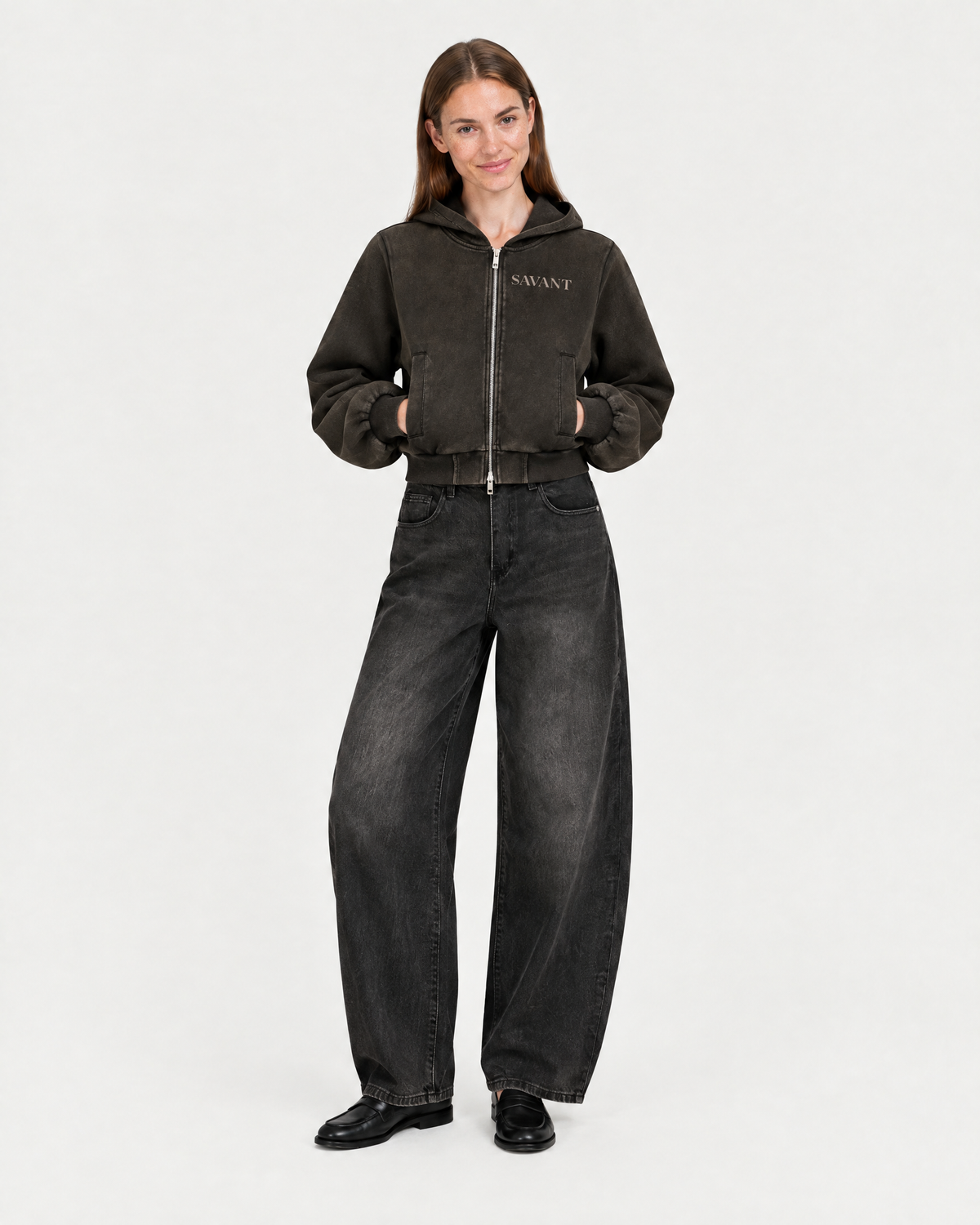 Washed Zip Hoodie in Black, on model front