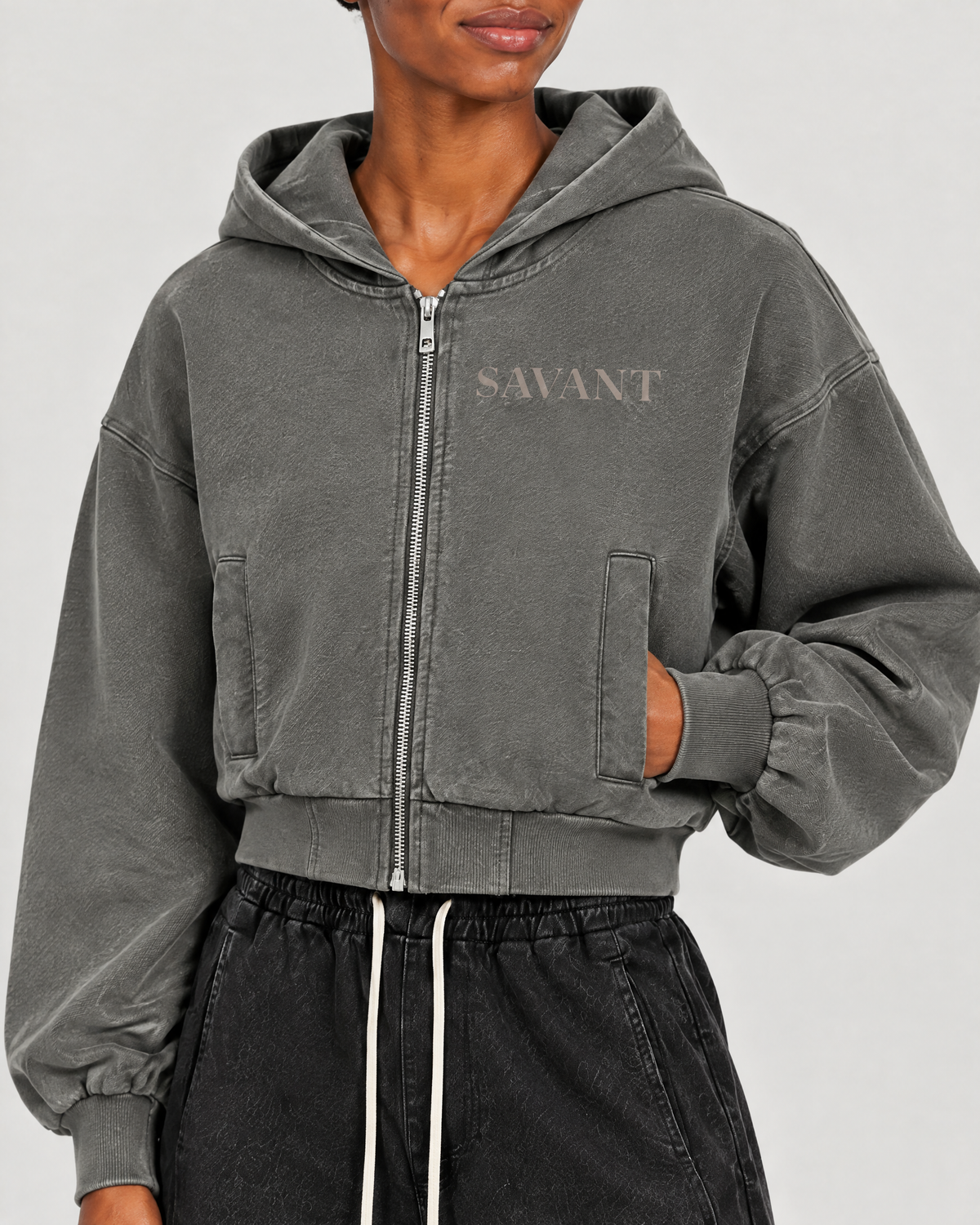 Washed Zip Hoodie in Dark Gray, on model detail