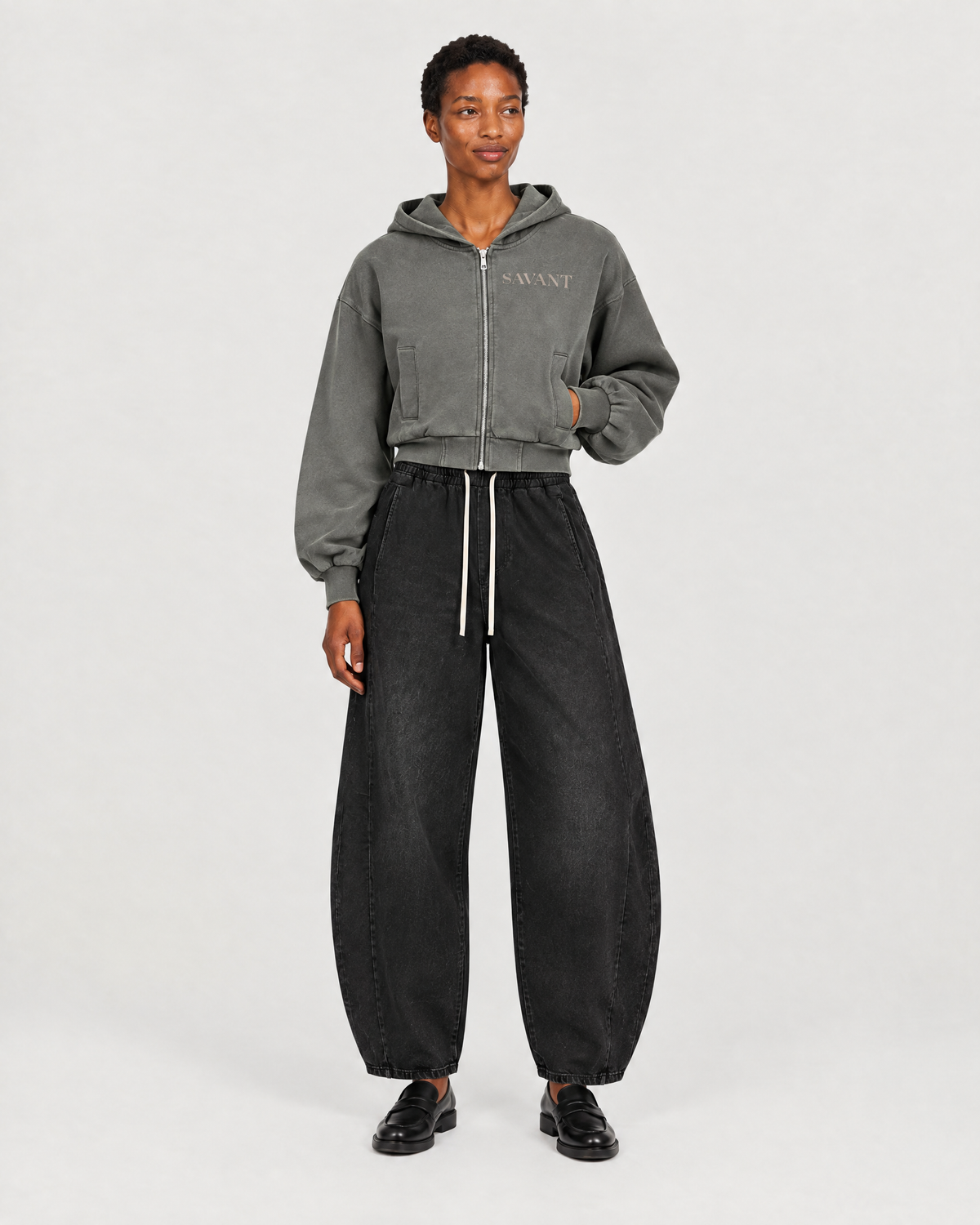 Washed Zip Hoodie in Dark Gray, on model front